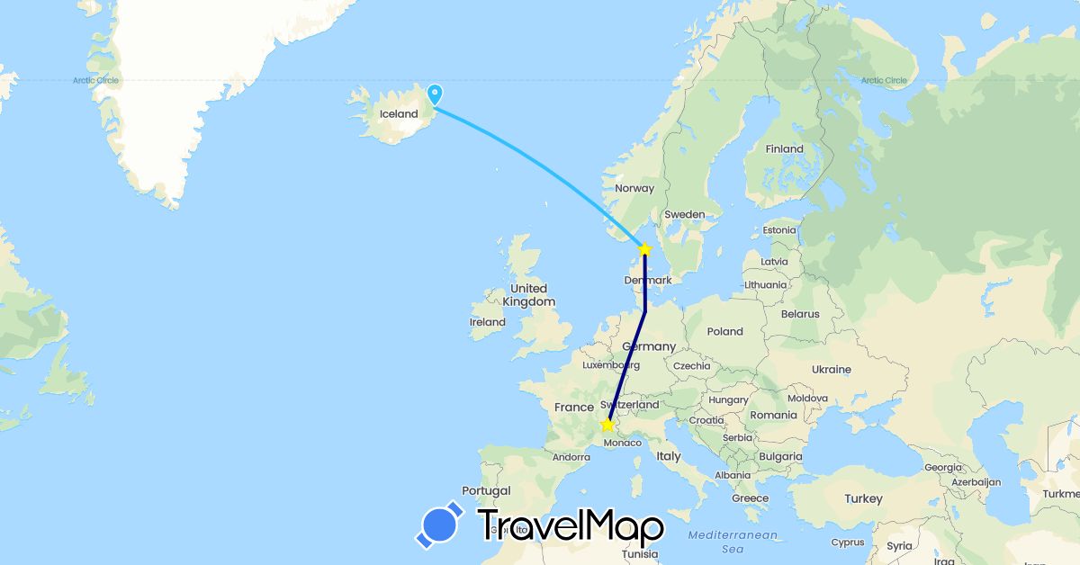 TravelMap itinerary: driving, boat in Germany, Denmark, France, Iceland (Europe)
